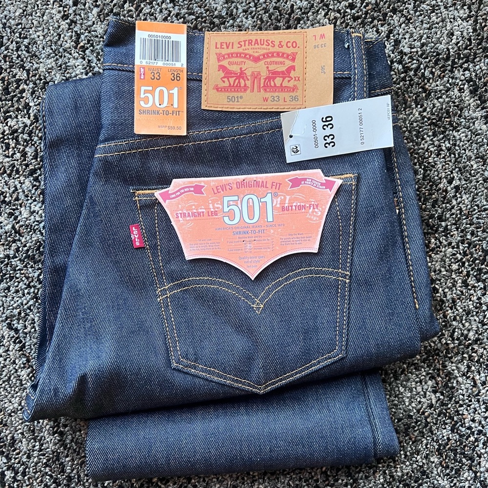 New with tags. Levi’s 501s. Size 33x36.